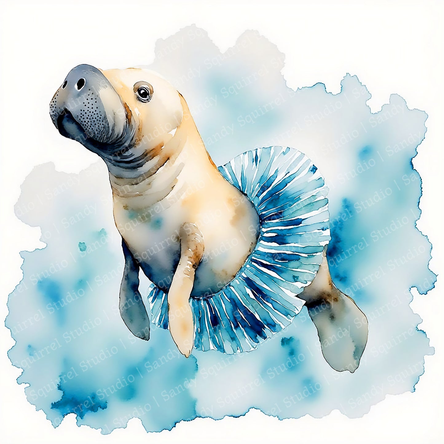Ocean's Star Whimsical Watercolor-Style Manatee with Tutu