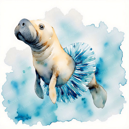 Ocean's Star Whimsical Watercolor-Style Manatee with Tutu