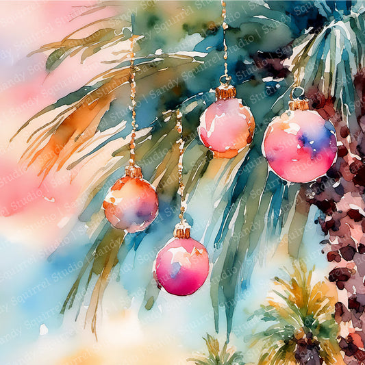 Palm Orbs Watercolor-Style Coastal Palm Tree Christmas Art
