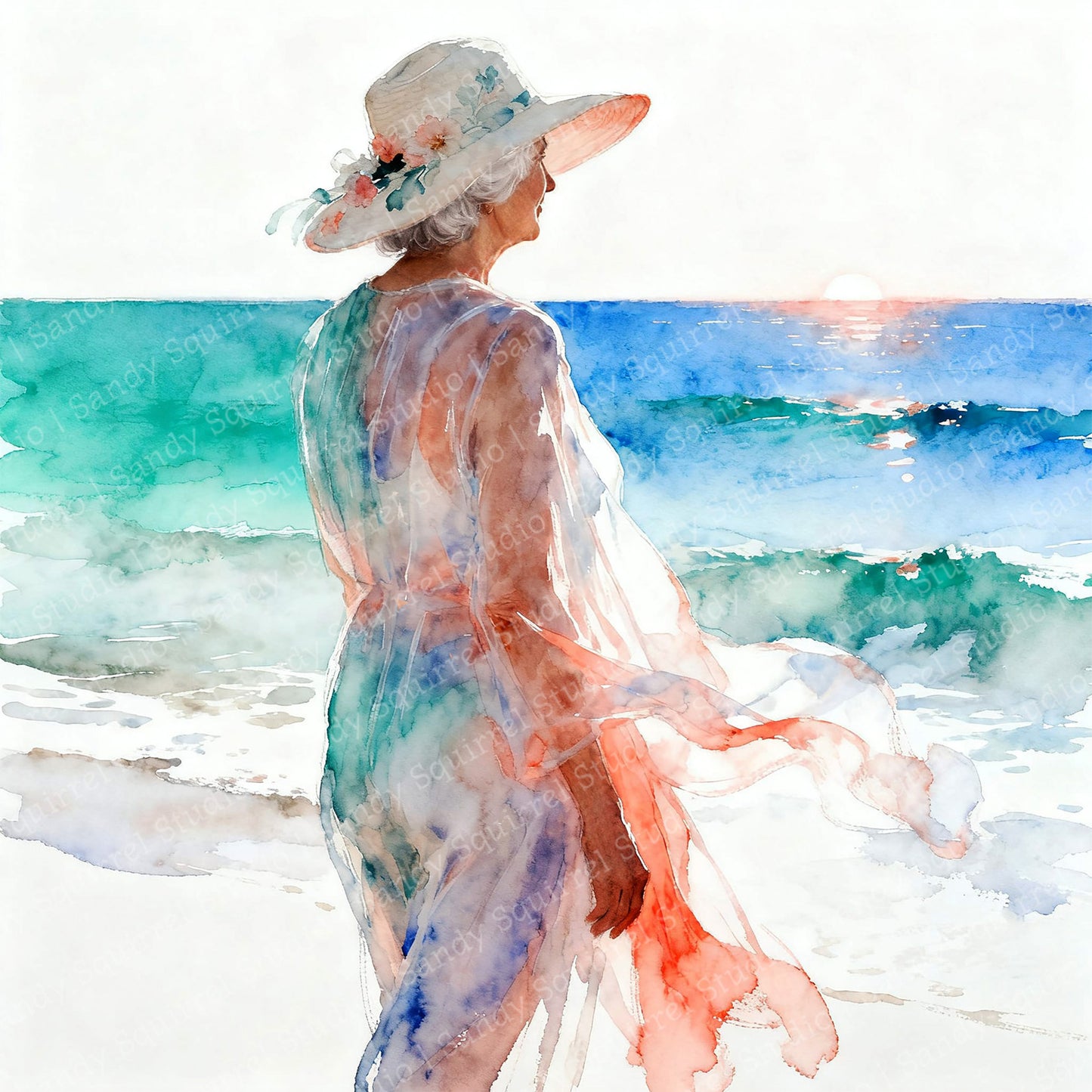 Respite Coastal Ocean Beach Watching Waves Watercolor Style Friendship Art