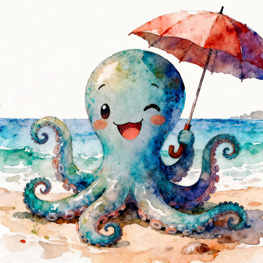 Squiggles Watercolor-Style Octopus Art