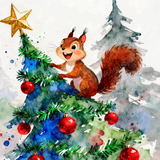 Squirrely Xmas Watercolor-Style Squirrel Christmas Art