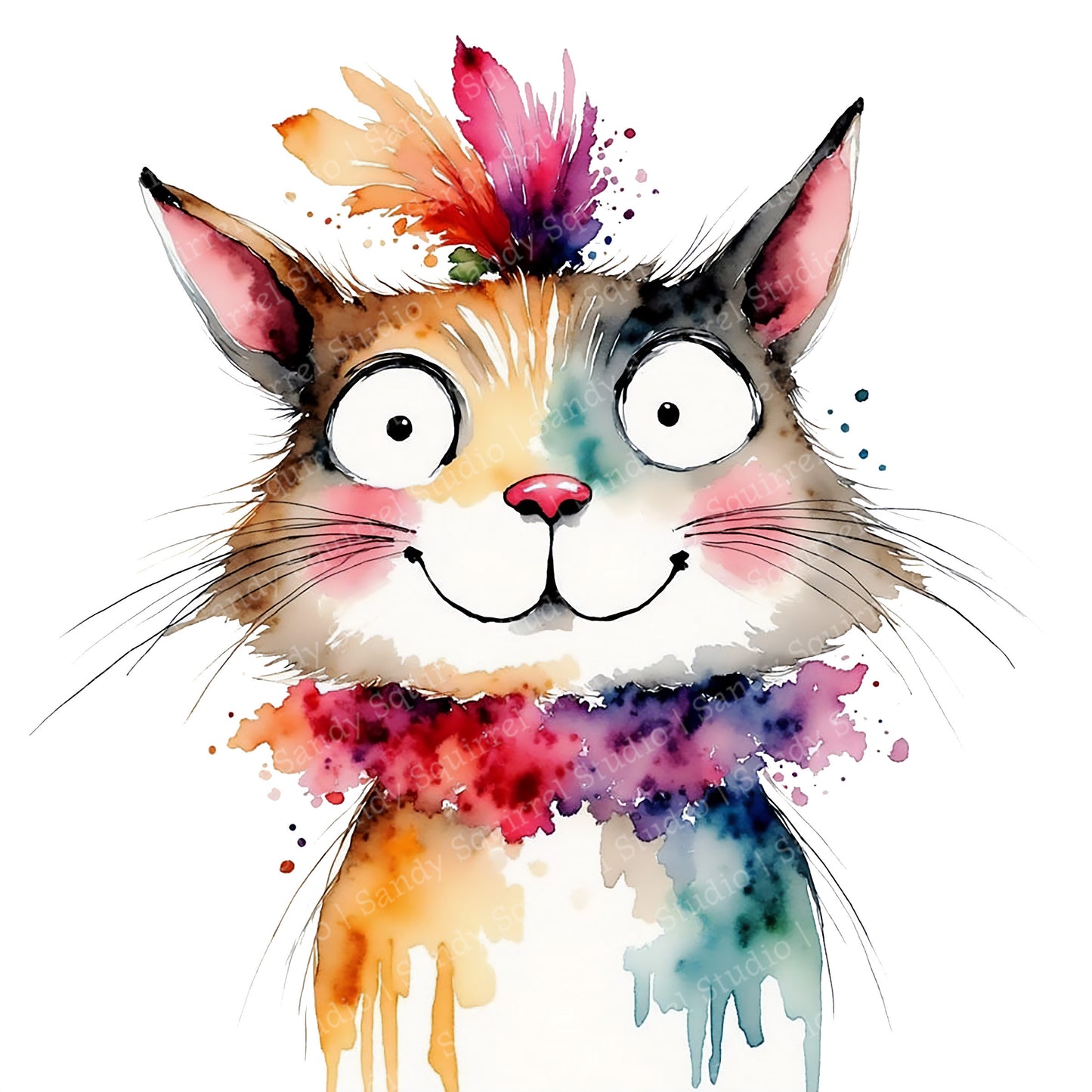 Start Watercolor Style Cat Boa Greeting Card