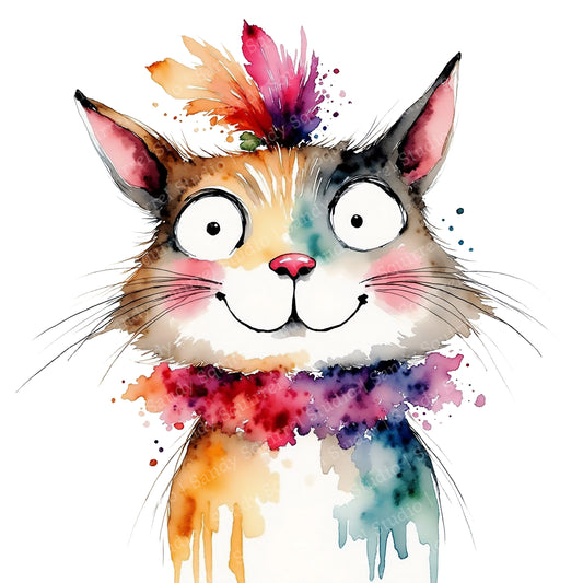 Start Watercolor Style Cat Boa Greeting Card