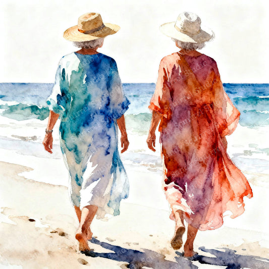 Time Coastal Ocean Beach Watching Waves Watercolor Style Friendship Art