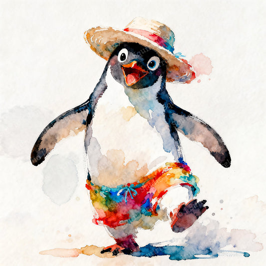 Tropicool Watercolor-Style Penguin Beach Art