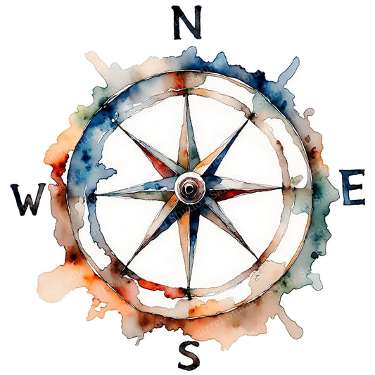 True North Watercolor Style Compass Card