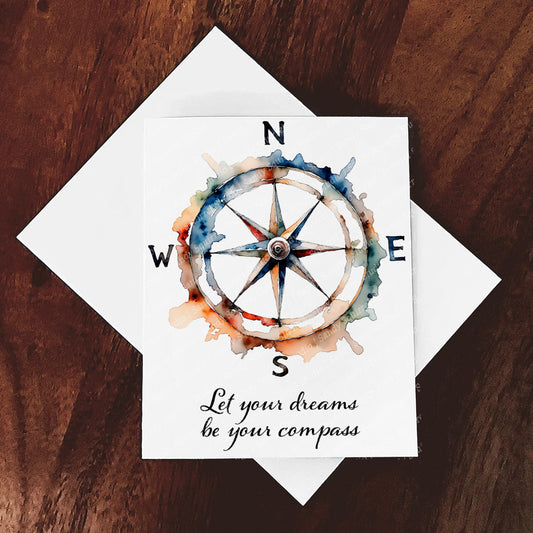 True North Watercolor Style Compass Card