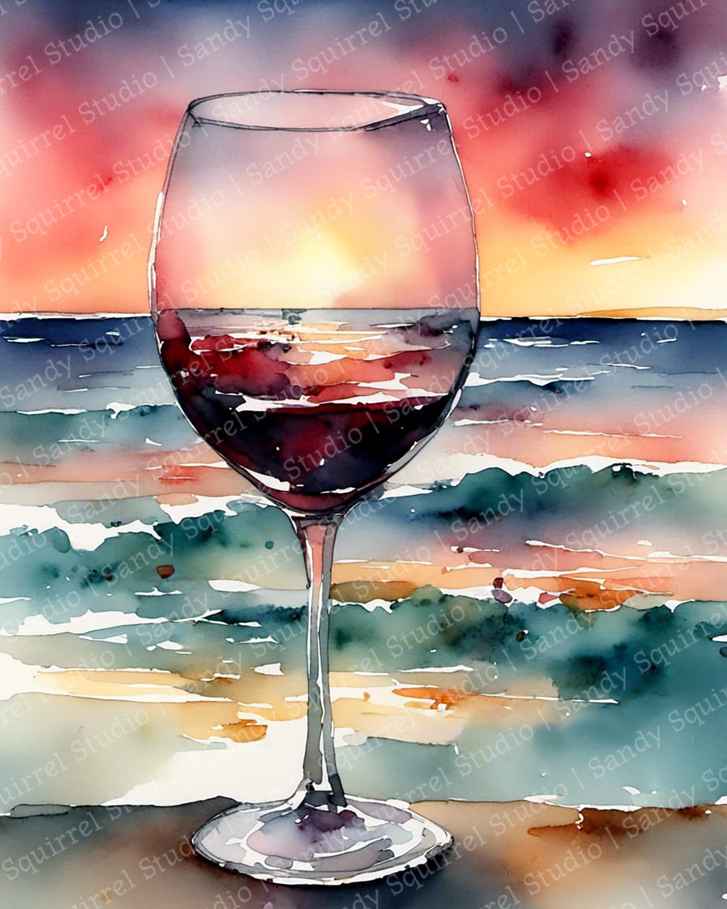 "Vino Sunset" Original Coastal Beach Art Watercolor Style