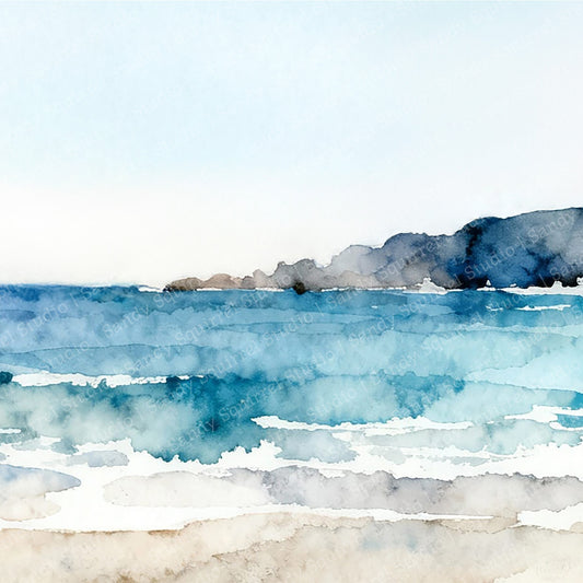 Waves Watercolor-Style Coastal Landscape Art