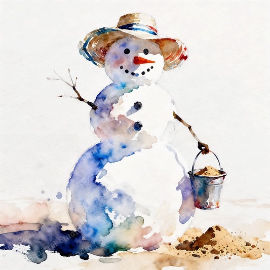 Wonderful Watercolor-Style Snowman Beach Art