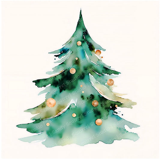 Xmas Gold Watercolor Style Christmas Tree Art